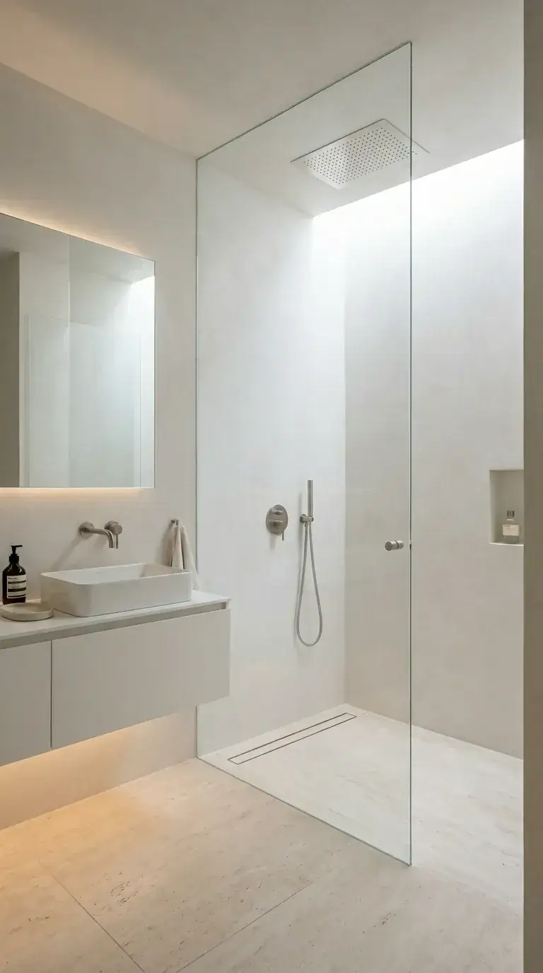 Compact white minimalist bathroom with shower skylight, frameless fixed glass shower panel, floating white vanity with vessel sink, large backlit mirror, and light wood-look porcelain floor in a Portland modern home