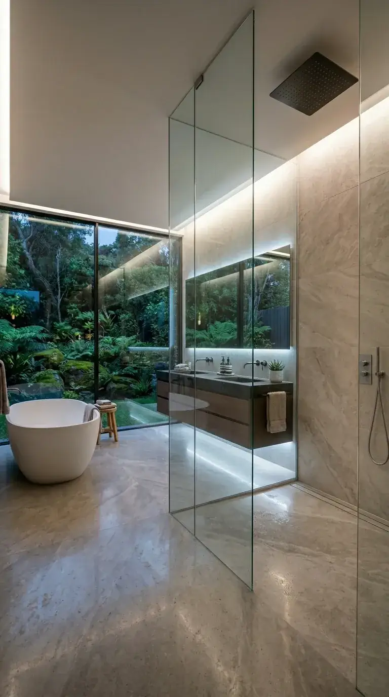 Compact PNW bathroom with floor-to-ceiling window opening to lush garden, long floating walnut vanity with dual vessel sinks, white freestanding tub, marble-look porcelain walls and floor, and large backlit mirror