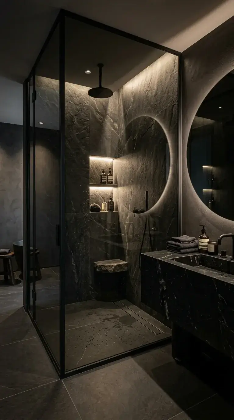 Compact dark dramatic bathroom with charcoal slate-look porcelain, custom circular LED wall feature, black marble floating vanity, round backlit mirror, glass shower enclosure, illuminated niche, and matte black Kohler fixtures