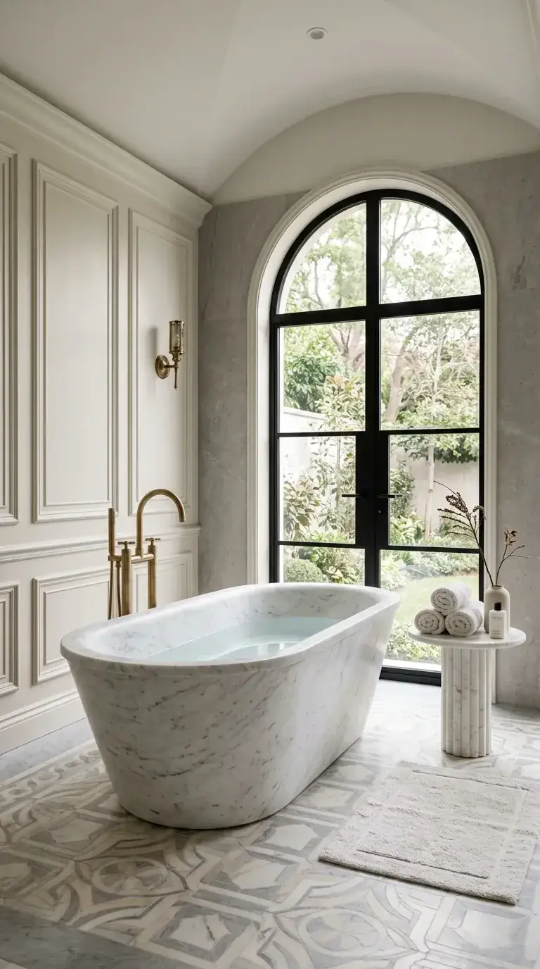 Compact classic luxury bathroom with Statuario marble freestanding tub, large arched window with black steel framing, patterned marble floor inlay, wainscoting wall paneling, aged brass floor-mount tub filler, and marble side table