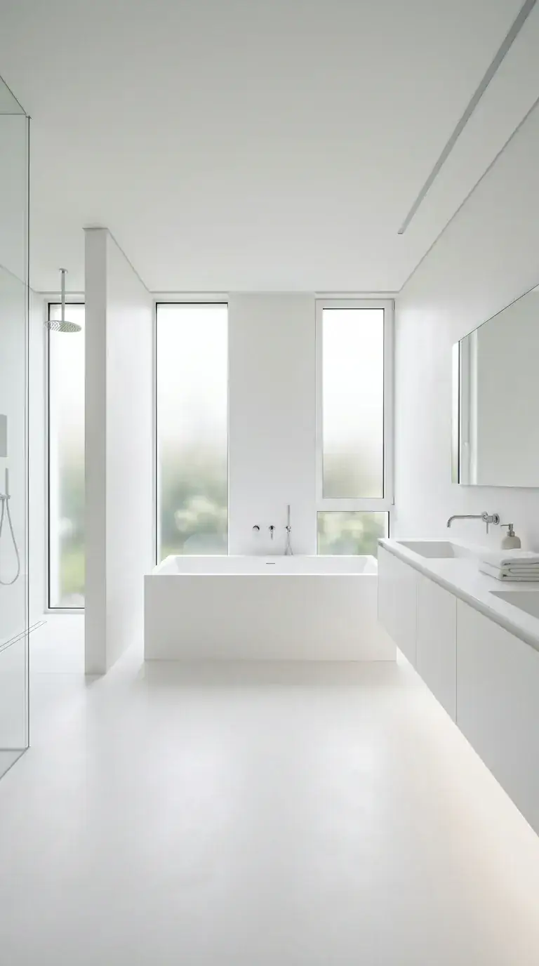 Compact ultra-minimalist white bathroom with continuous microcement walls and floor, built-in white acrylic tub, long floating white vanity with integrated sink, floor-to-ceiling windows, frameless mirror, and chrome Kohler fixtures