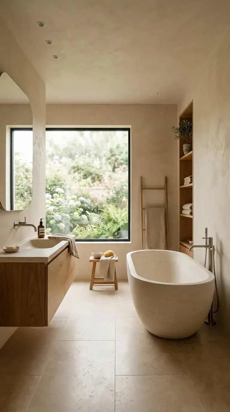 Compact Japandi bathroom with warm beige lime wash plaster walls, stone freestanding tub, floating white oak vanity with travertine top, built-in oak shelving, large garden window, and limestone-look porcelain floor