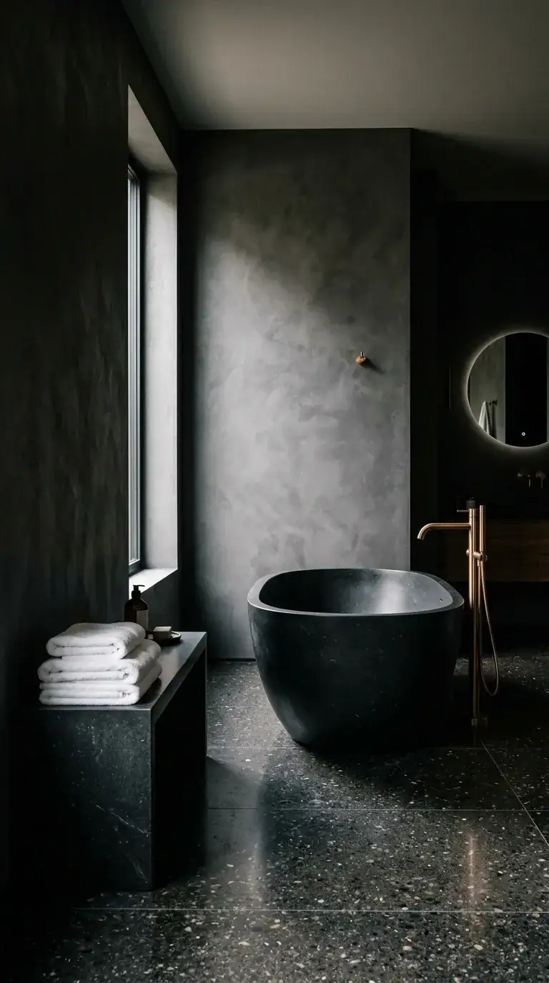 Compact moody bathroom with sculptural black freestanding tub, dark grey polished plaster walls, black terrazzo floor tiles, rose gold floor-mount tub filler, round backlit mirror, narrow vertical window, and dark stone bench