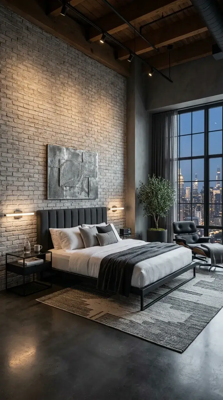 Compact industrial-loft primary bedroom with whitewashed exposed brick wall, polished concrete floor, exposed reclaimed Doug fir beams, low charcoal upholstered bed, brass linear sconces, large potted olive tree, and an Eames-style walnut lounge chair in a Portland Pearl District conversion