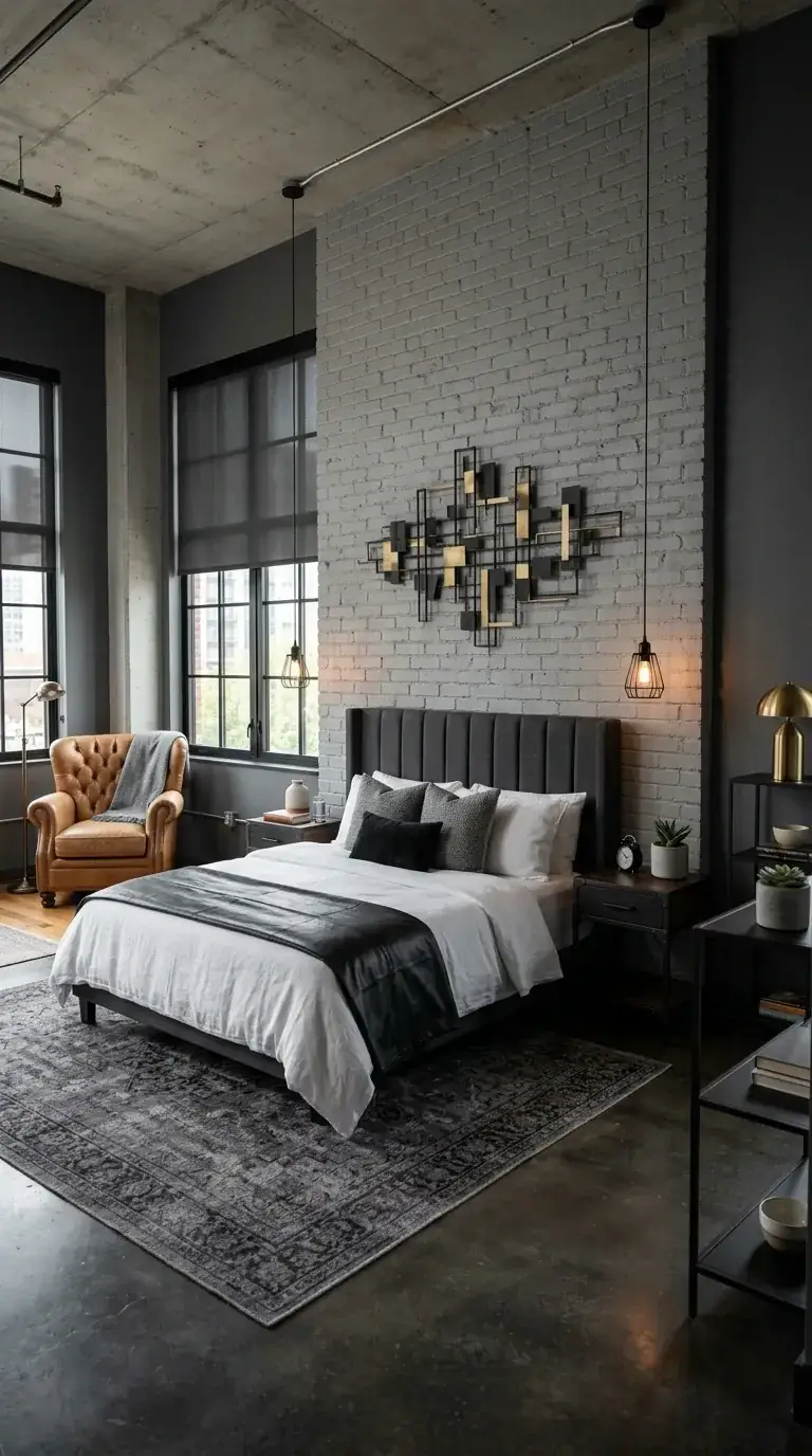 Cool urban industrial loft compact primary bedroom with grey-painted brick wall, exposed concrete ceiling, channeled grey upholstered headboard, mixed black metal and walnut nightstands, vintage brass pendant lights, leather armchair, open metal shelving with curated decor in a Tacoma Stadium District loft