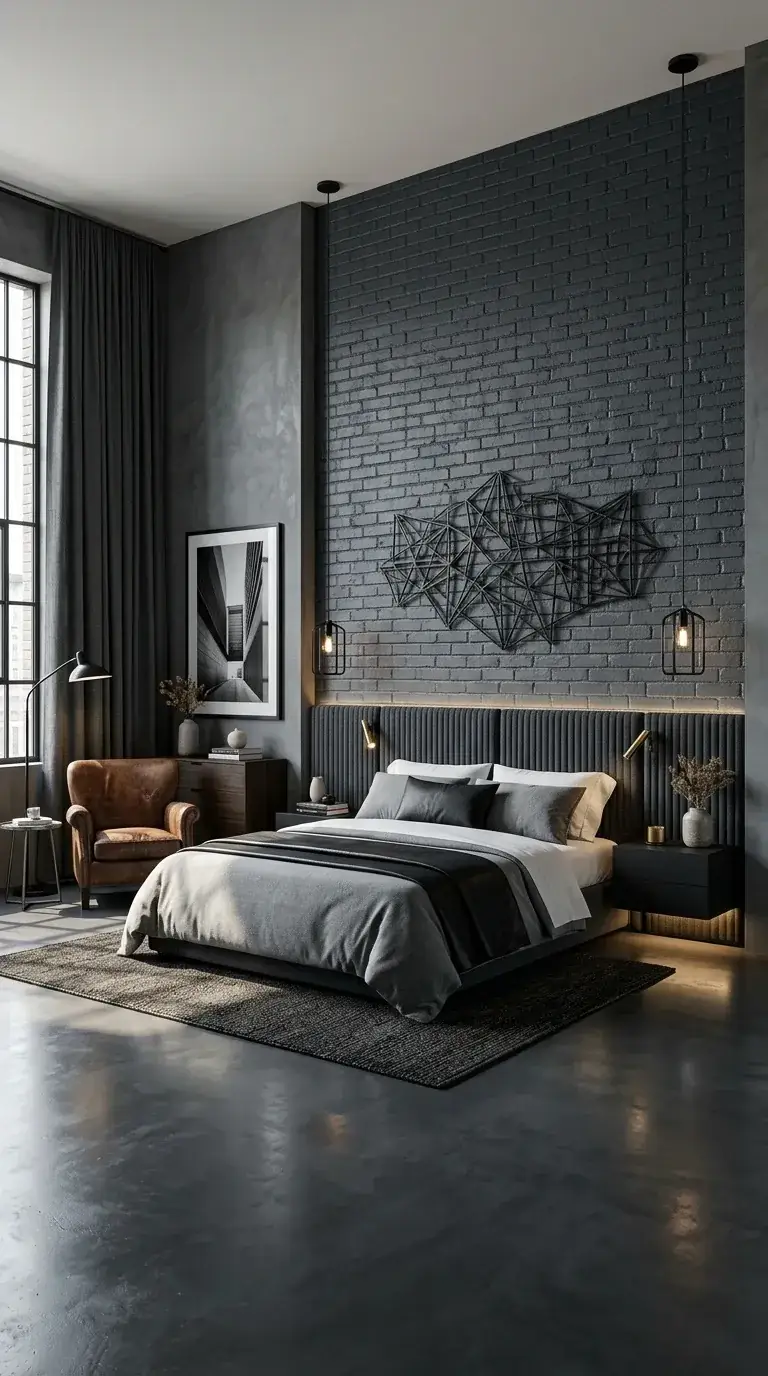 Moody compact primary bedroom with deep grey-painted brick wall, channeled charcoal upholstered headboard with integrated warm LED strip behind, dark walnut nightstands, geometric metal wall art, polished concrete floor, and a cognac leather armchair in a Portland warehouse conversion