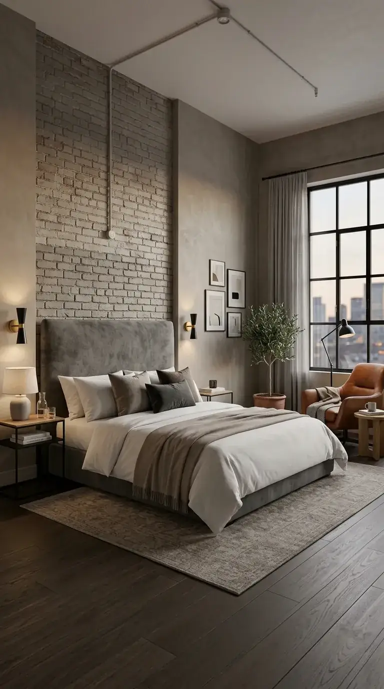 Wabi-sabi industrial compact primary bedroom with mixed concrete and whitewashed brick wall textures, exposed black electrical conduit, framed botanical and abstract gallery wall, taupe linen bed, olive tree in terracotta planter, light oak side tables, and cognac leather chair