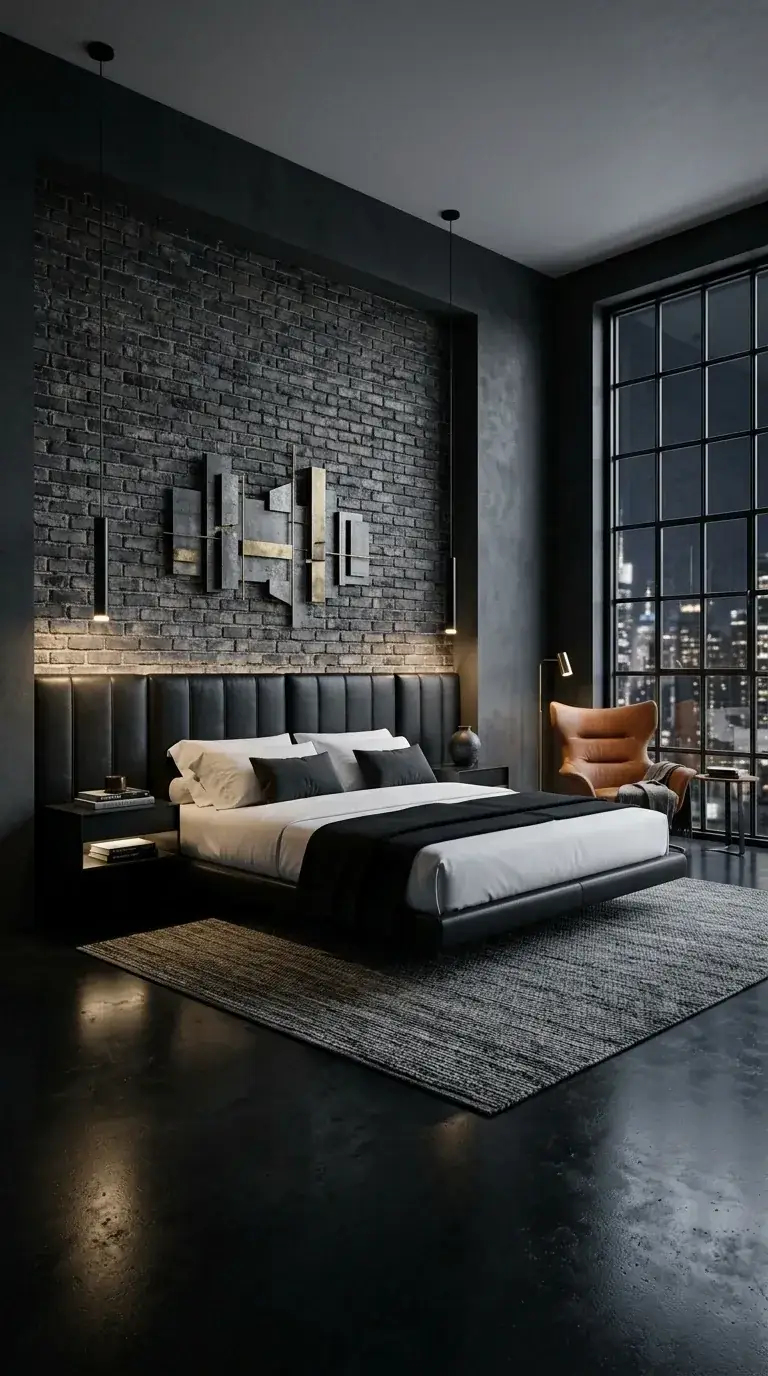 Sleek modern industrial compact primary with dark grey concrete-finish wall, tall black leather upholstered bed with high headboard, abstract metal-and-walnut wall art above, low-profile black nightstands, and brass pendant lights in a Seattle Pioneer Square loft