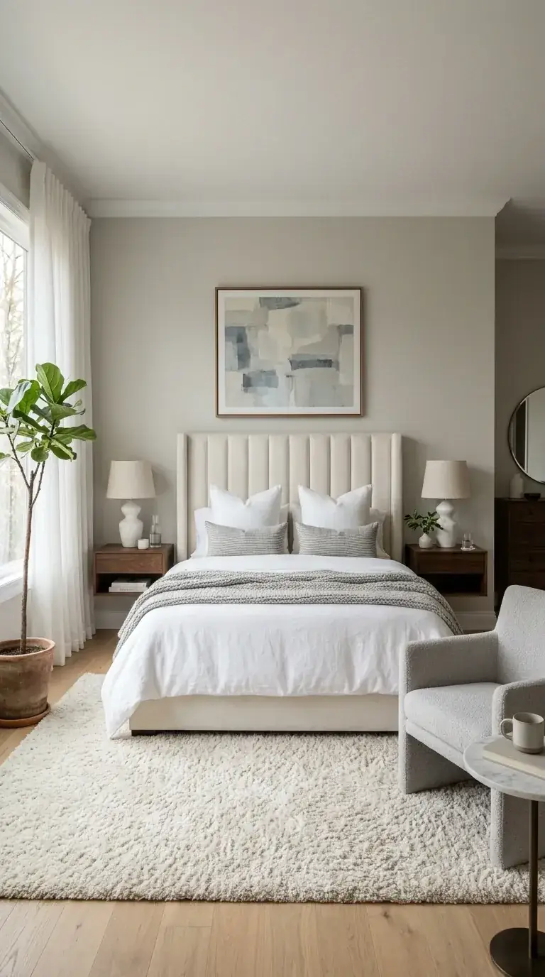 Serene minimalist compact primary bedroom with warm beige walls, cream channel-tufted upholstered bed, floating light wood nightstands with ceramic table lamps, large fiddle leaf fig in woven planter, ivory boucle armchair, marble side table, and shag rug on light oak floor in a Bellingham home