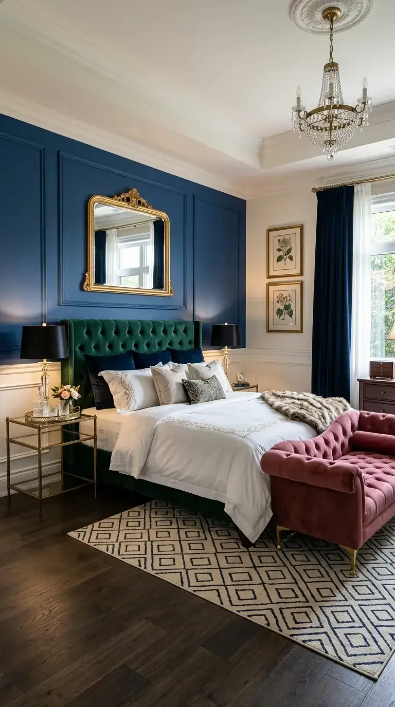 Opulent classic compact primary bedroom with deep navy painted wainscoting on lower walls, cream upper walls, emerald green velvet tufted upholstered bed, dusty pink velvet chaise lounge at foot of bed, brass crystal chandelier, ornate gilded mirror, and patterned area rug in a Boise renovation