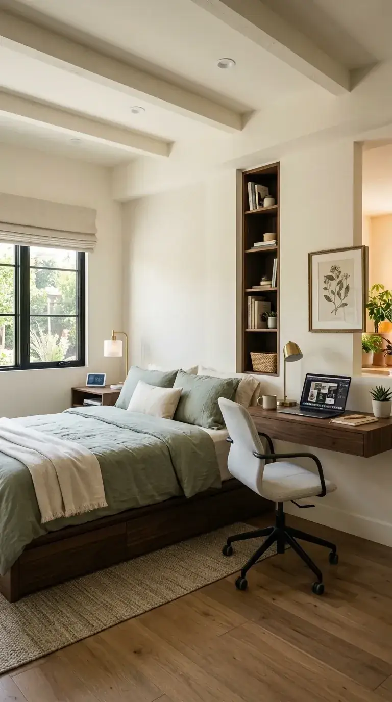 Japandi organic modern compact primary bedroom with built-in white oak desk and shelving along one wall, low platform bed with linen bedding, light wood flooring, sage botanical art, woven roman shades, and minimalist office chair in a Beaumont-Wilshire Portland Tudor
