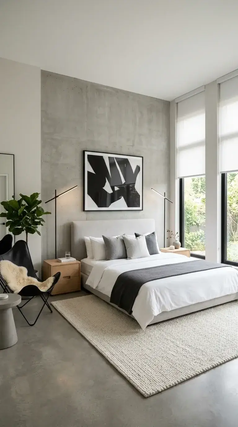 Minimalist compact primary bedroom with raw polished concrete feature wall, large floor-to-ceiling windows with white roller shades, low-profile upholstered bed, light oak nightstands with linear floor lamps, black leather butterfly chair with sheepskin throw, and a single large abstract canvas in a Bend modern infill home