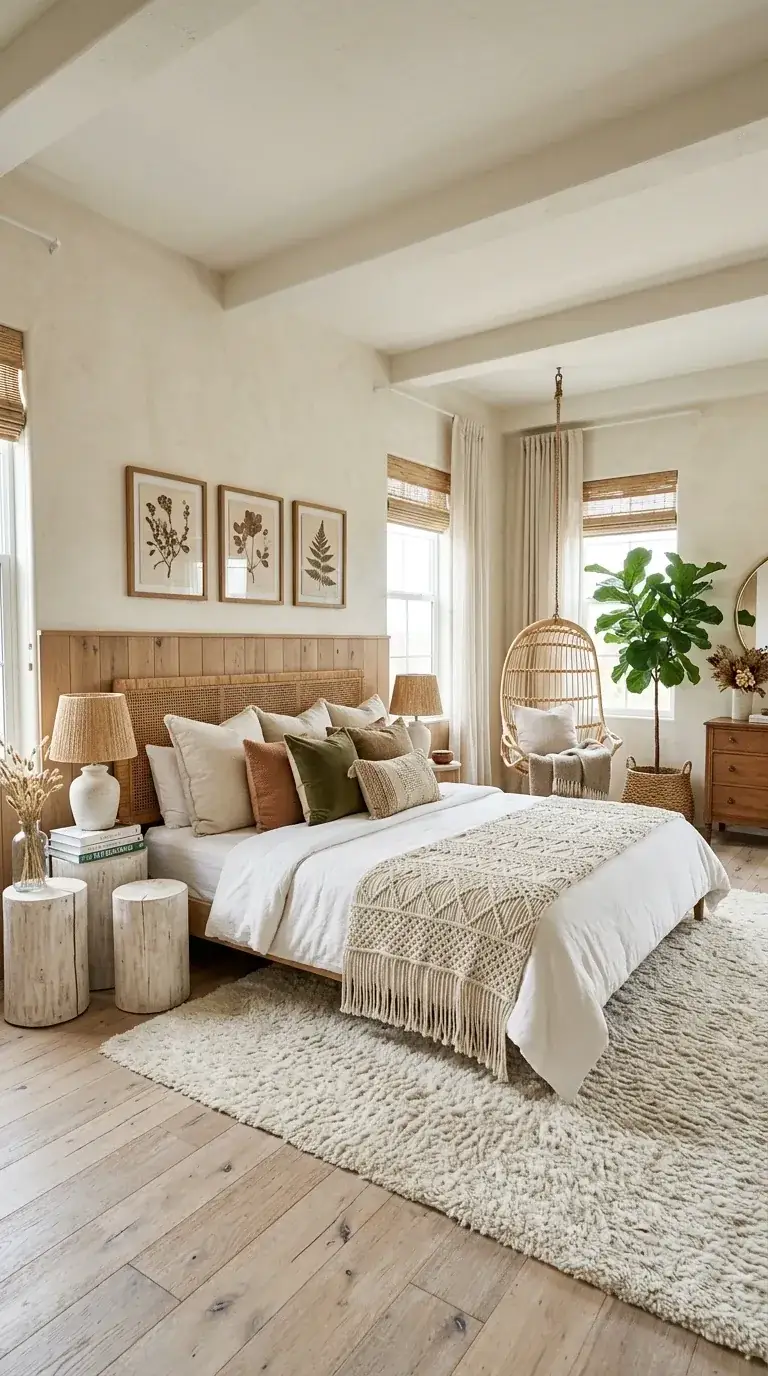 Boho chic compact primary bedroom with rattan headboard bed, macrame throw and pillows, wood-stump nightstands, hanging rattan chair near window, large fiddle leaf fig in woven basket, gallery of botanical prints, and shag rug on light wood floor in a Eugene craftsman