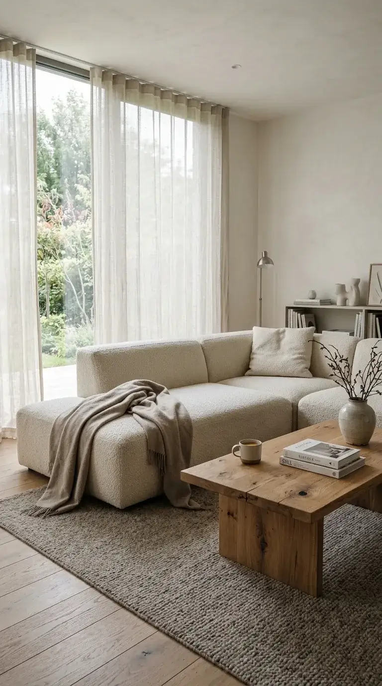 Scandinavian compact living room with curved boucle sofa, chunky knit wool rug, reclaimed oak coffee table, sheer linen curtains, and open shelving in a Portland modern home