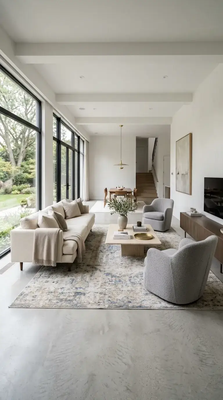Spacious open-concept compact living room with two beige sofas, two grey accent chairs, large vintage rug, wooden coffee table, polished concrete floor, and tall windows