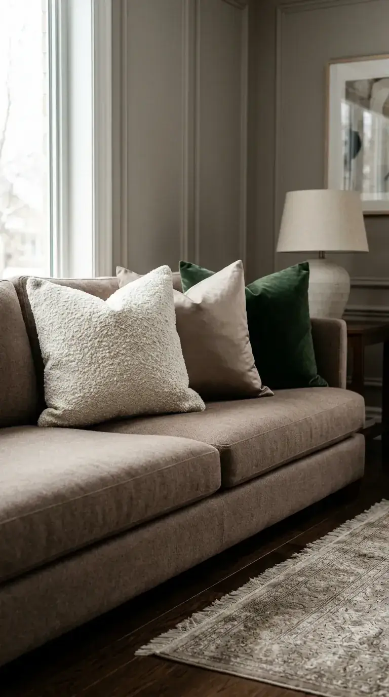 Detailed view of layered pillow styling on a brown sofa with cream boucle, taupe silk, and dark green velvet pillows showing texture mixing in a quiet luxury living room