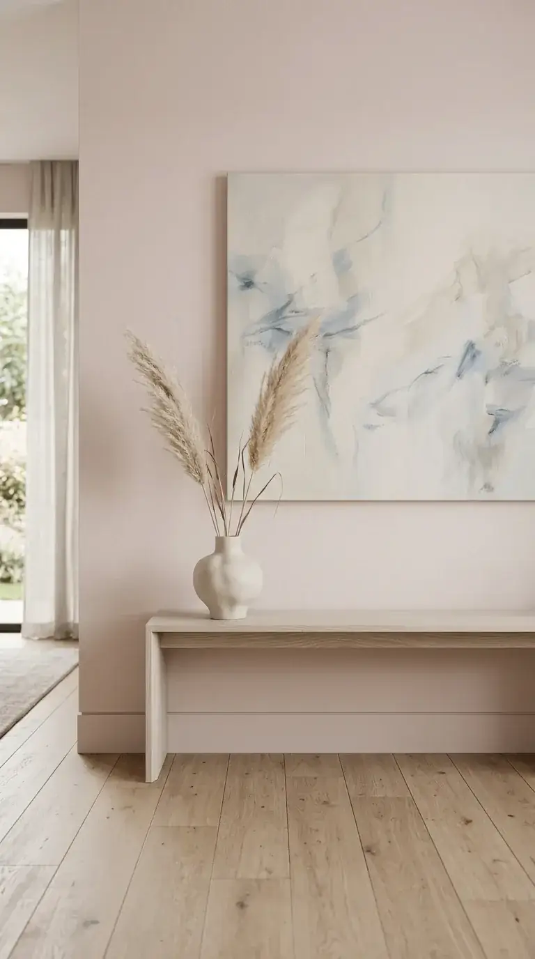 Minimalist living room console wall with soft blush pink walls, whitewashed oak console table, white ceramic vase with pampas grass, large abstract painting in soft blues and creams