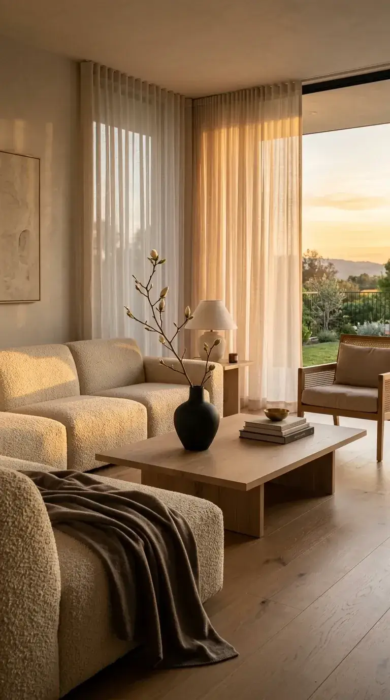 Japandi living room with modular boucle sofa, cane and wood armchair, low oak coffee table, ceramic table lamp, large abstract art, and warm golden-hour light in a compact PNW home