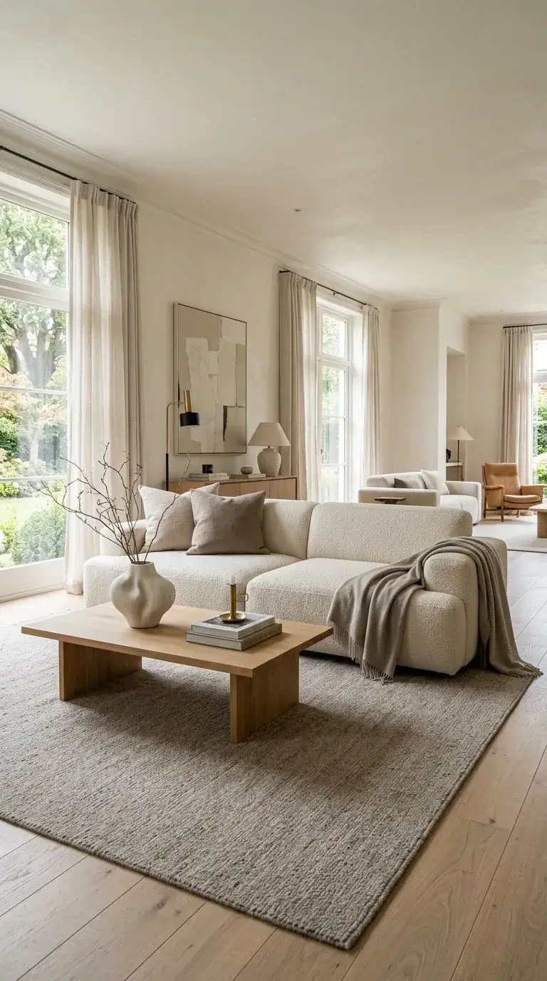 Compact modern living room with curved cream boucle sofa, tan leather accent chair, oak console, layered area rug, and tall windows in a PNW vaulted-ceiling home