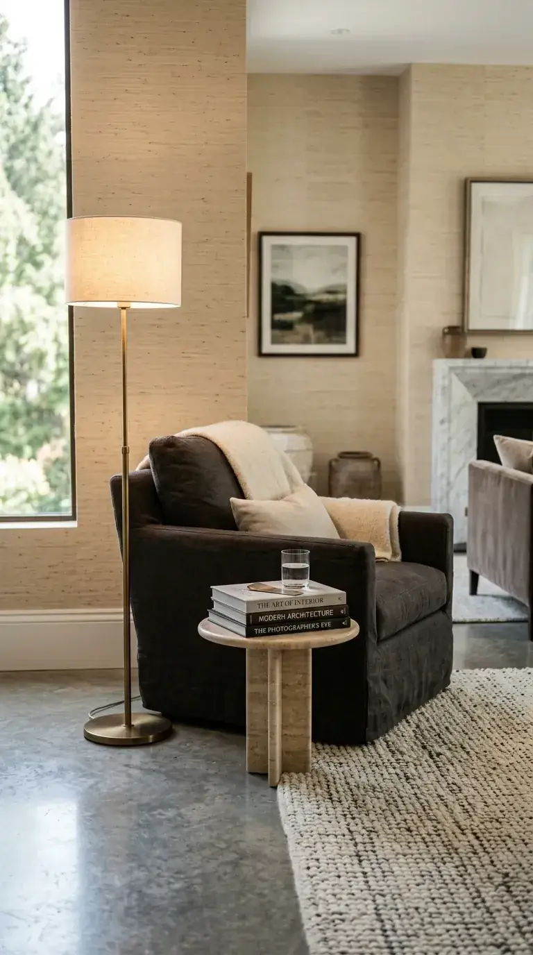 Compact reading corner with beige grasscloth wallpaper, dark upholstered armchair, sculptural travertine side table, brass floor lamp, and polished concrete floor in a PNW modern home