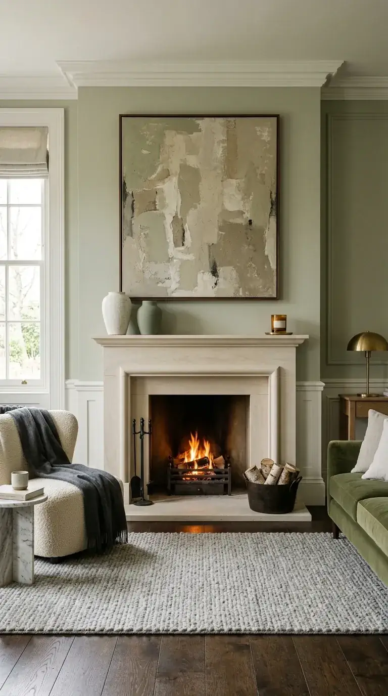 Compact traditional living room with sage green walls, stone fireplace, moss green velvet sofa, cream boucle armchair, marble side table, and brass lamp