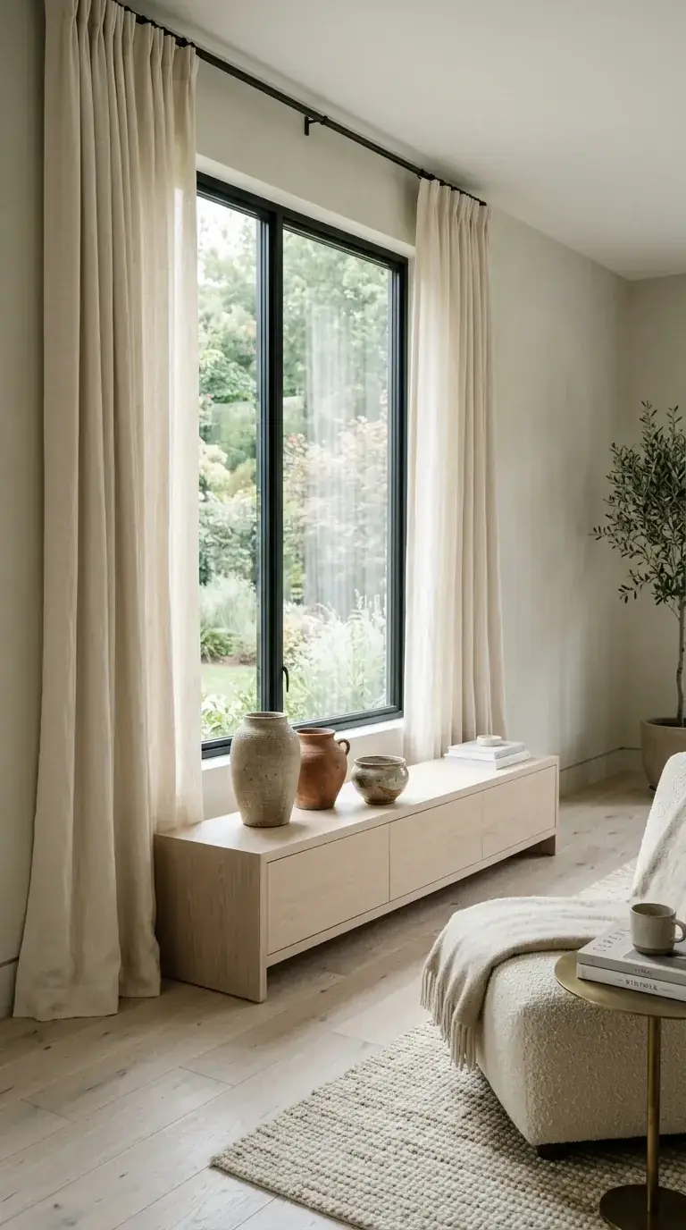 Minimalist living room with floor-to-ceiling windows, garden view, low wooden bench console, earthenware vases, indoor olive tree, and boucle ottoman in a PNW compact home