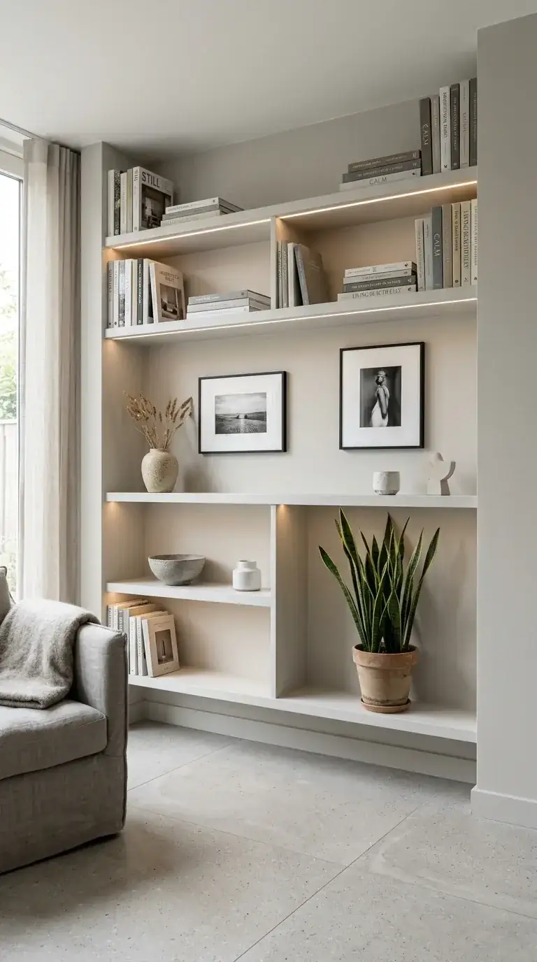 Compact living room with custom floor-to-ceiling built-in shelving, integrated LED lighting, gallery display of art books and ceramics, light grey armchair, and snake plant in a Portland modern home