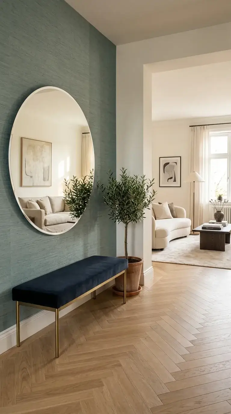 Open-concept compact home entry transitioning to living room with teal grasscloth wallpaper, navy velvet bench, large round mirror, curved cream sofa, and herringbone wood floors