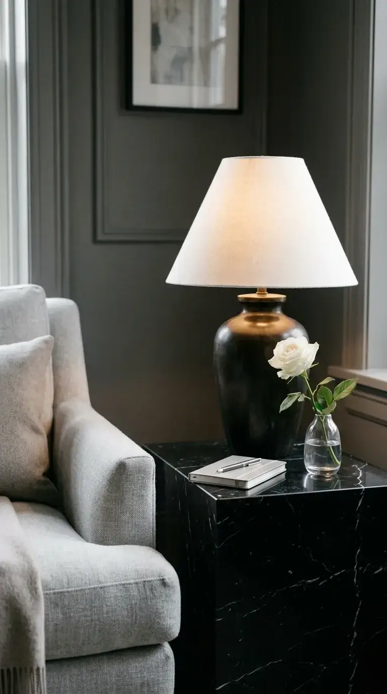 Charcoal-walled reading nook with light grey armchair, black marble cube side table, brass-based table lamp with warm white shade, and single white rose in a glass vase