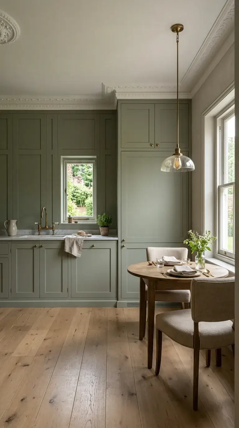 Floor-to-ceiling sage green shaker cabinetry hides the fridge and pantry next to a small round dining nook with brass fixtures