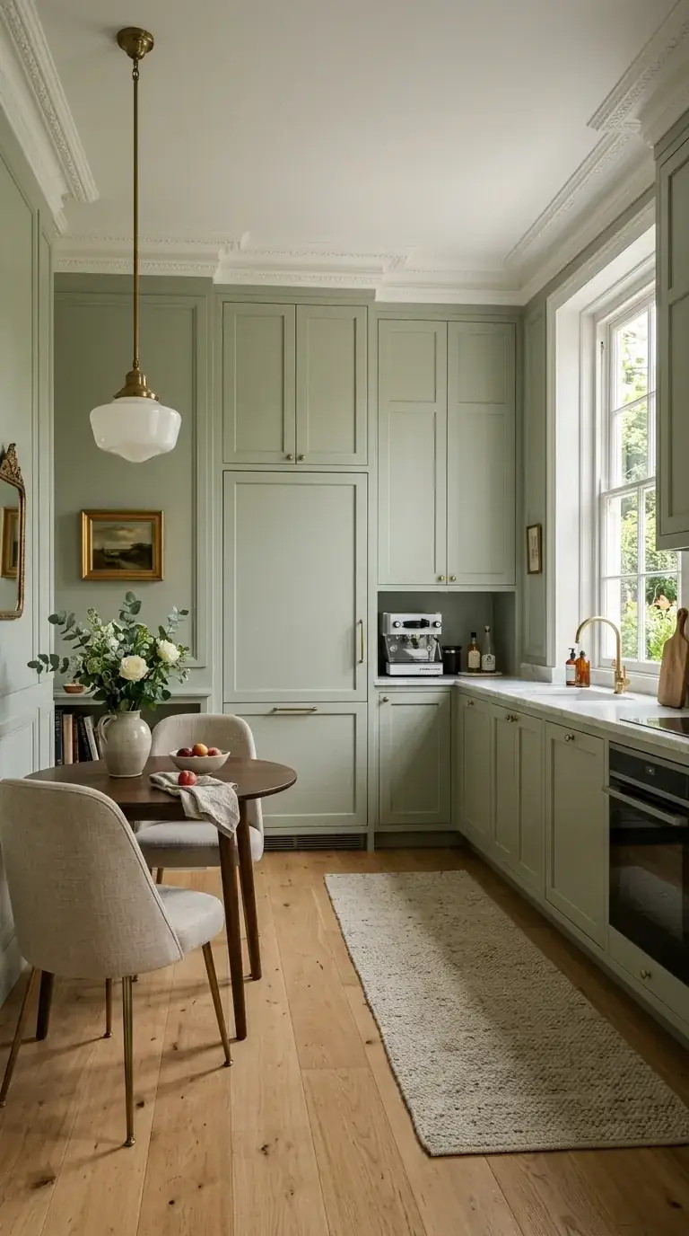A traditional sage green kitchen with a dedicated built-in coffee station niche tucked into the cabinetry next to a small dining nook