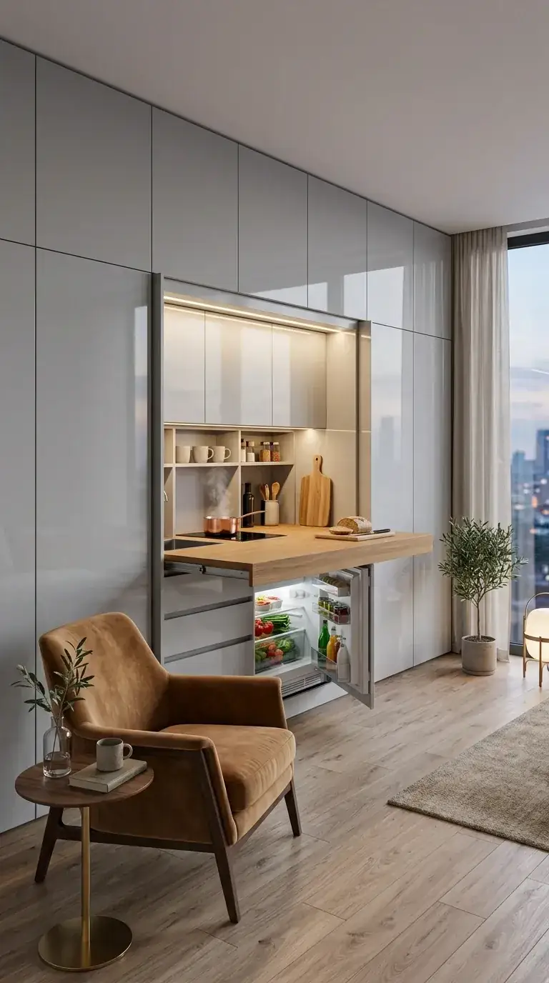 The pull-out kitchenette viewed from the lounge side at night, with high-gloss grey cabinetry reflecting city lights and a velvet armchair nearby