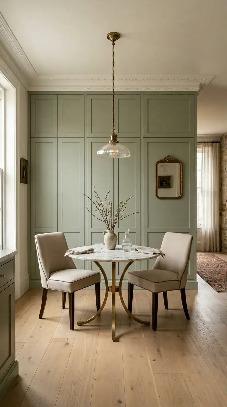 A formal dining room with a marble pedestal table and tufted high-back chairs against a flat sage cabinet wall hiding the kitchen