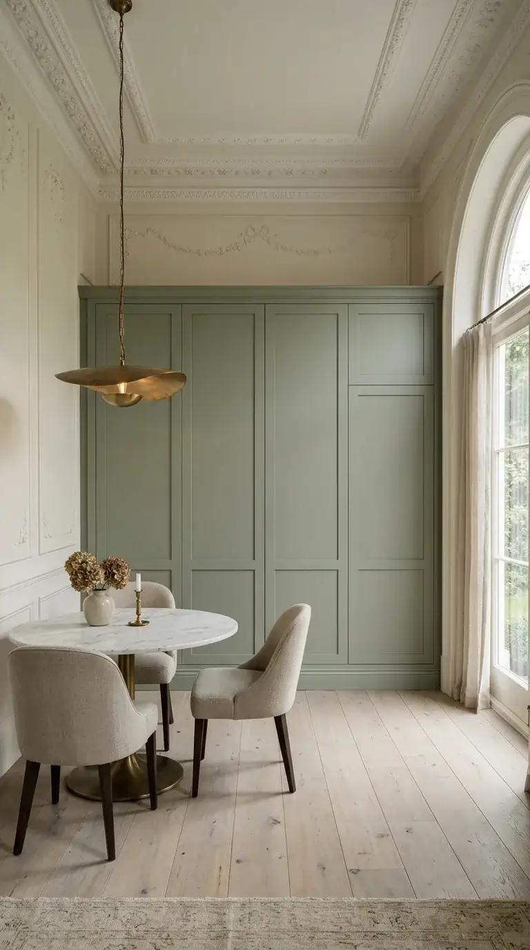 Tall sage cabinetry next to a large arched window with elaborate plaster cornicing and a sculptural brass pendant