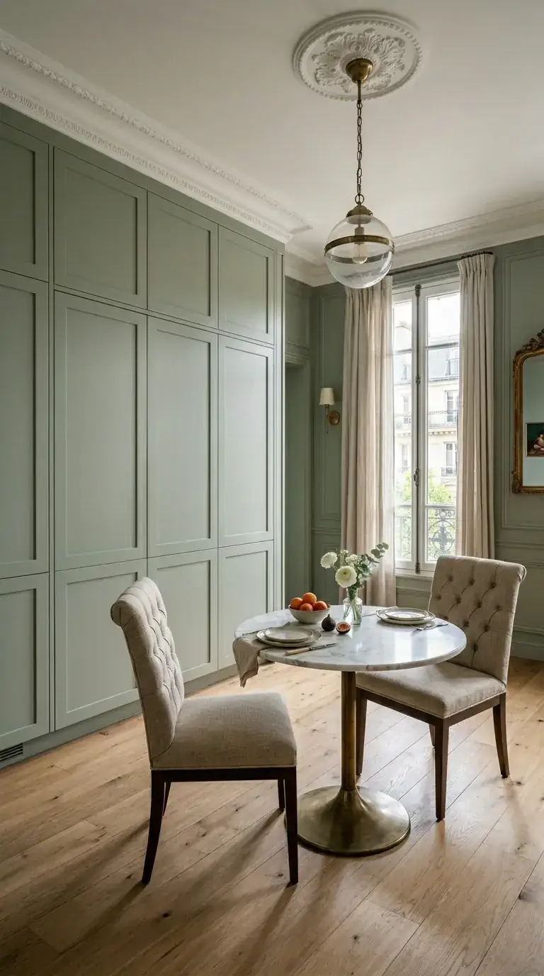 A Parisian-style parlor with a marble pedestal table, tufted chairs, tall window with linen curtains, and a sage cabinet wall hiding the kitchen