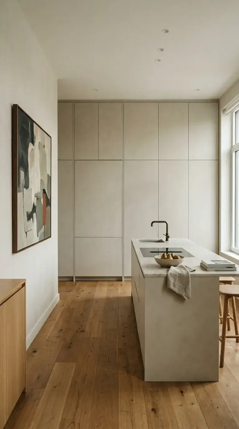 A minimalist Japandi kitchen with handleless greige cabinetry blending into the walls, a monolithic concrete island, and warm wood stools
