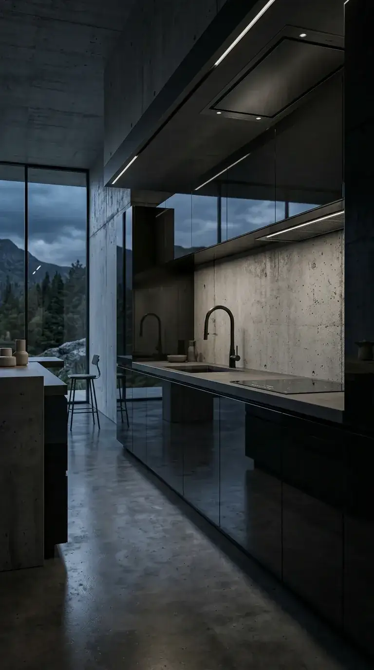 A moody industrial kitchen with high-gloss black handleless cabinetry, concrete walls and ceiling, integrated LED lighting, and a forest view