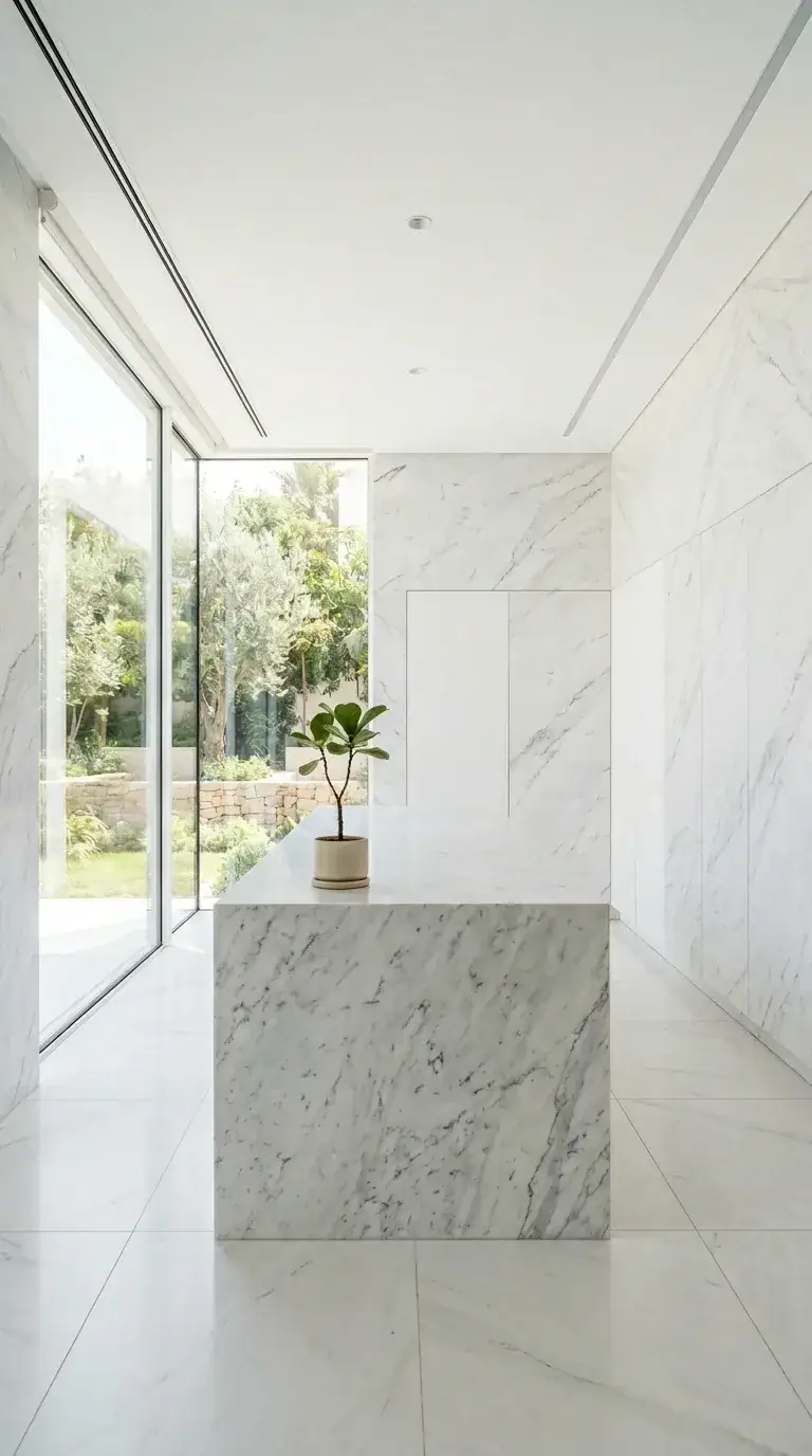 An ultra-luxurious all-white marble kitchen with floor-to-ceiling marble cladding, a monolithic marble island, and floor-to-ceiling windows