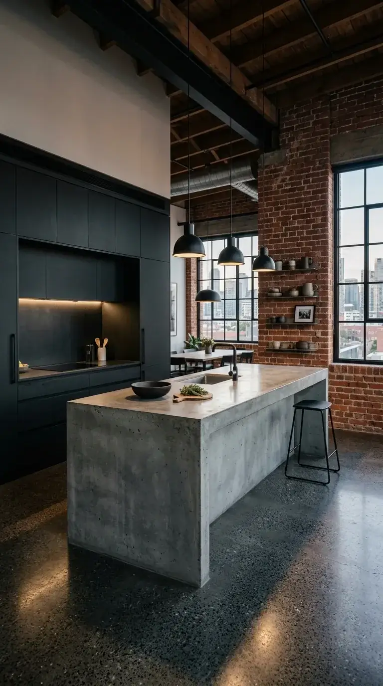 An urban loft kitchen with exposed red brick wall, matte black cabinetry, a long concrete island, exposed beams, and three industrial pendant lights