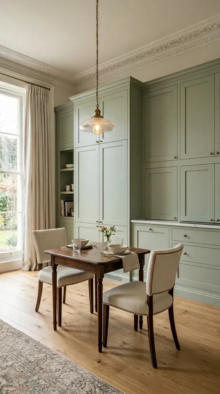 A modern farmhouse kitchen with sage green cabinetry that includes built-in open shelving, an antique wooden table, and nailhead-trim chairs