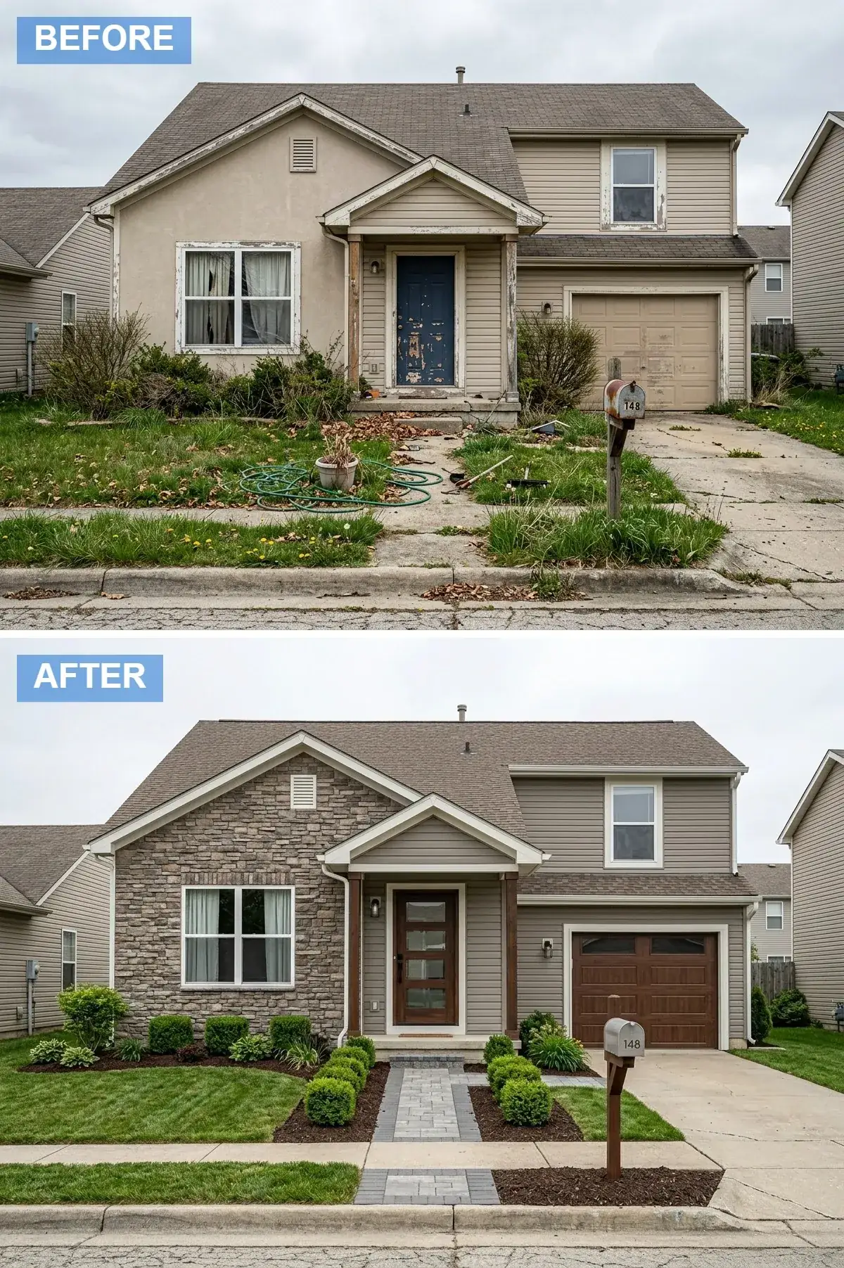Builder-spec home exterior refaced with stacked stone veneer, warm taupe siding and wood-tone door