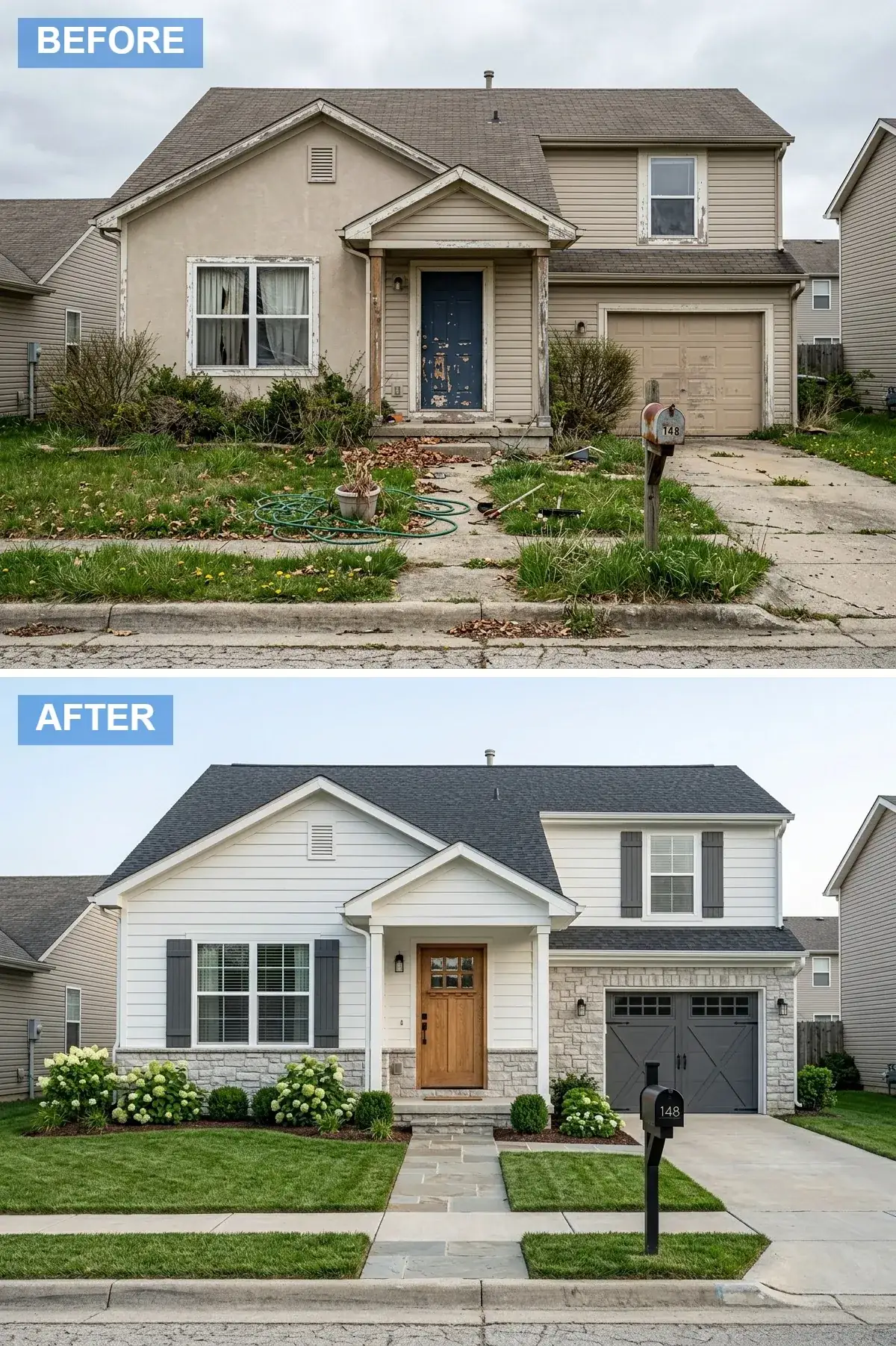Builder home in white siding with grey stone veneer garage, charcoal shutters and carriage-house garage door