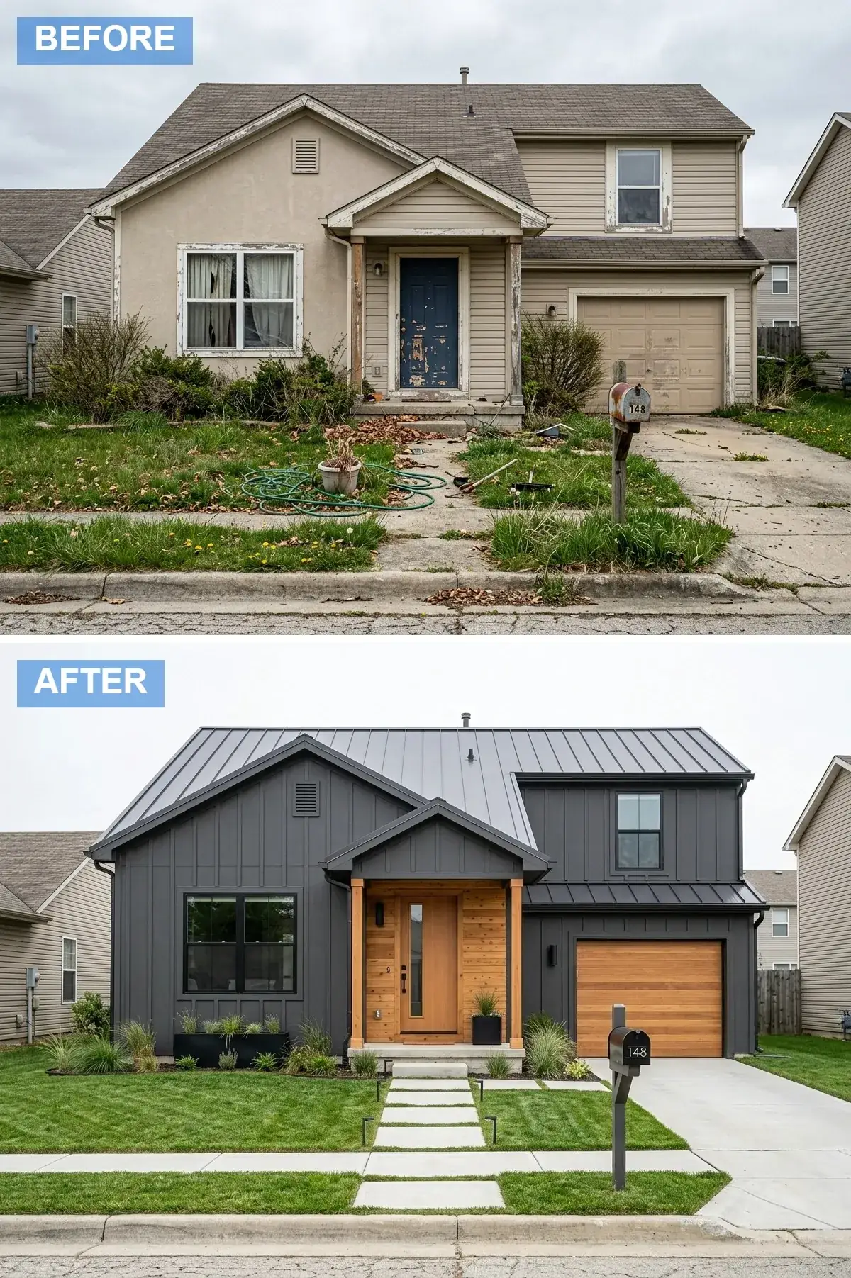 Builder home in dark charcoal board-and-batten with black metal roof and a natural cedar porch accent wall