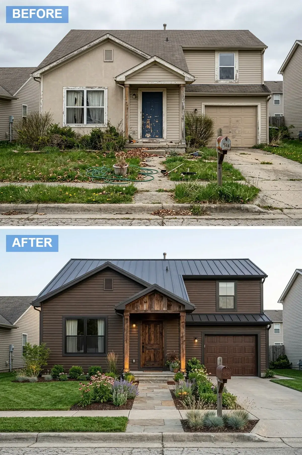 Builder home reclad in dark chocolate-brown siding with timber porch posts and a flagstone cottage-garden path