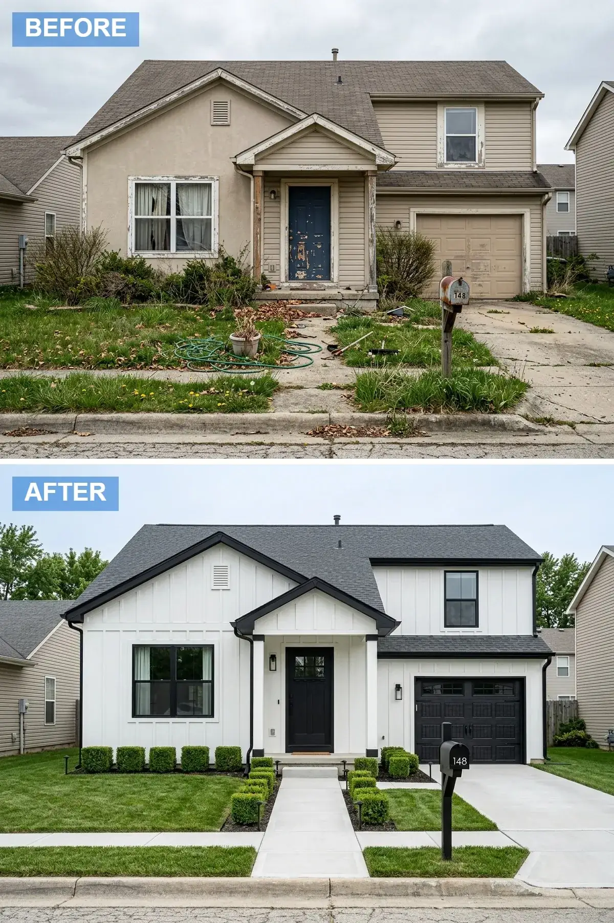 Builder home transformed into white board-and-batten modern farmhouse with matte black trim and windows