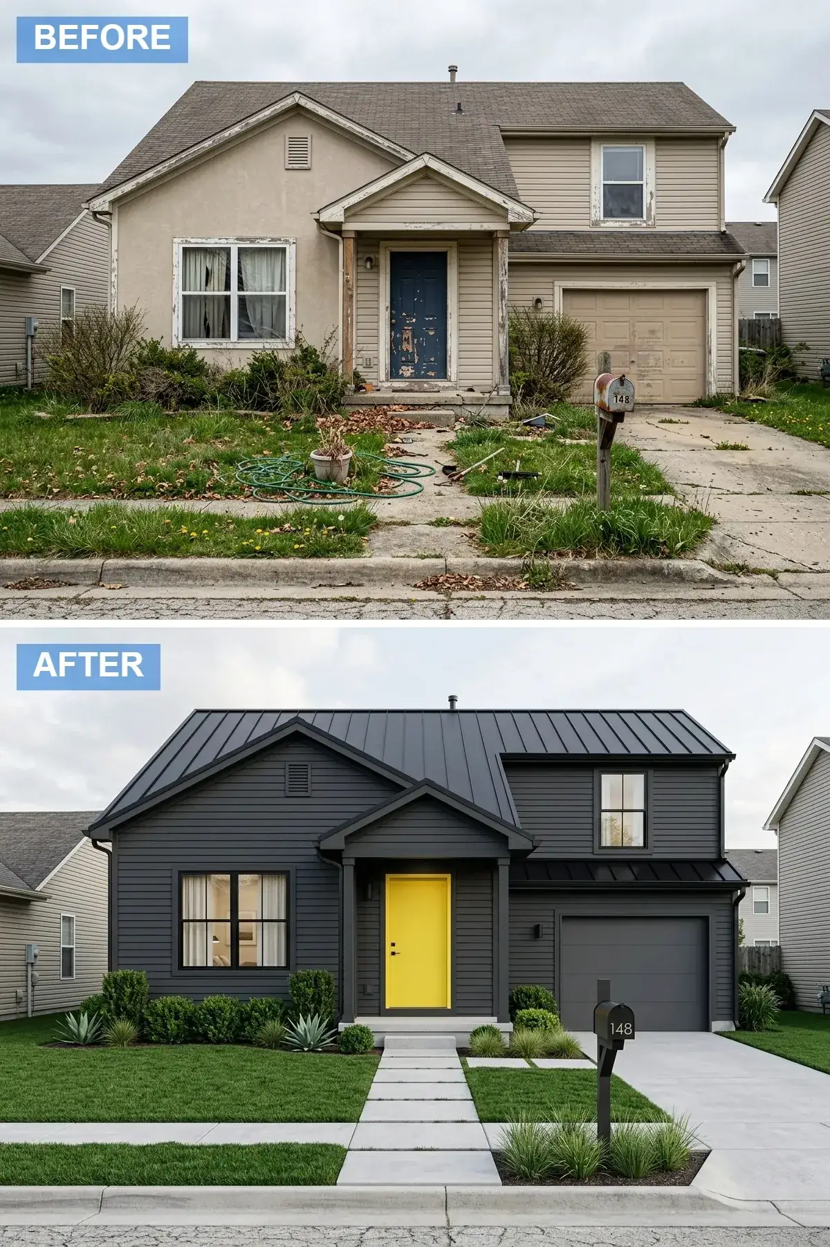 Builder home refaced in dark charcoal siding with black metal roof and a bold yellow slab front door