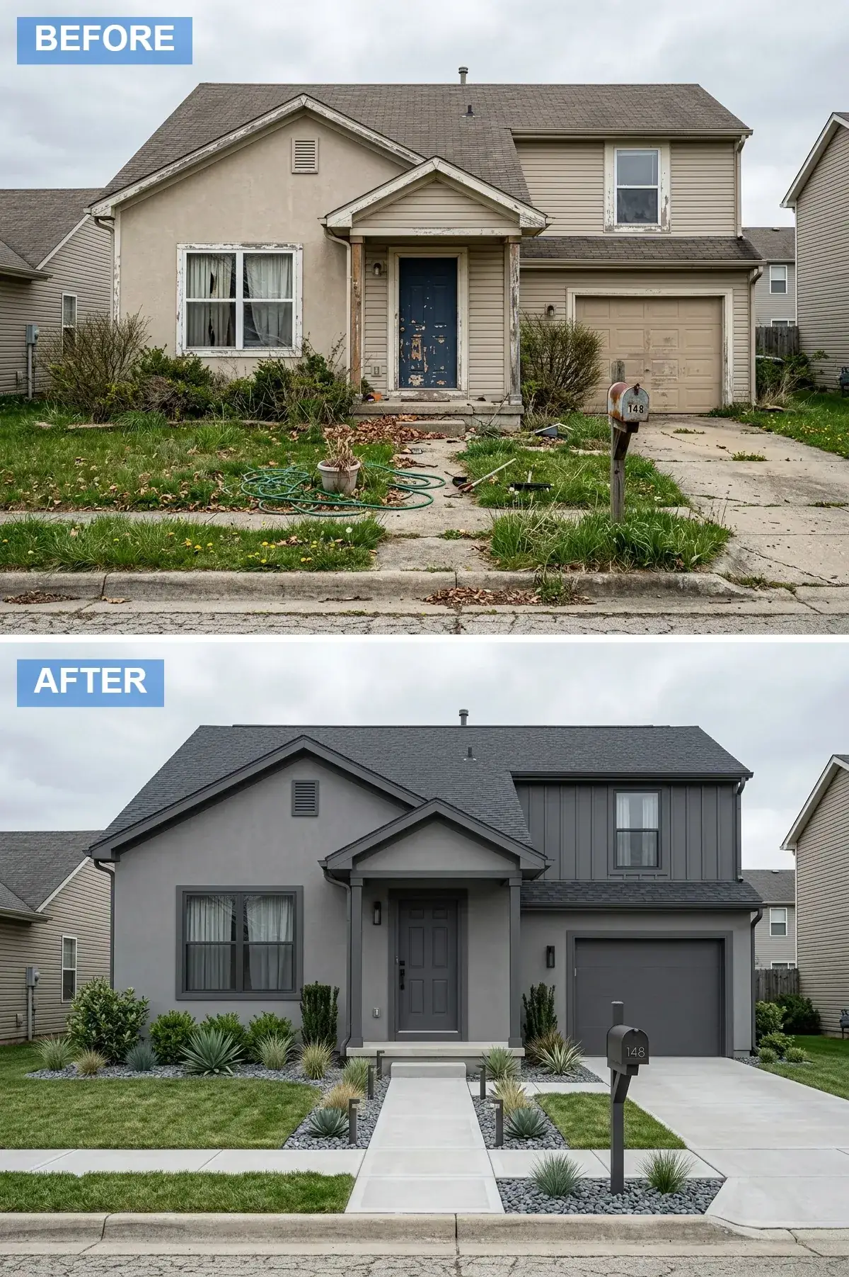 Builder home refinished in smooth medium-grey stucco with monochromatic trim and xeriscape gravel beds