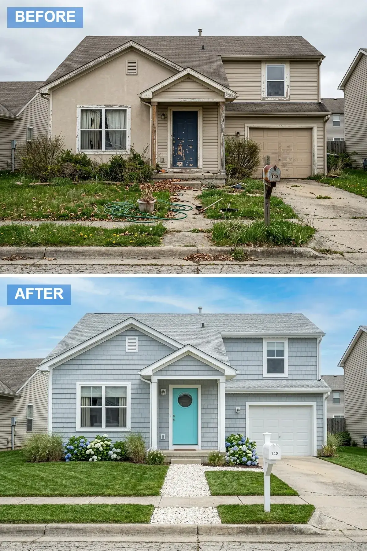 Builder home reclad in light blue shake siding with white trim and a turquoise porthole front door
