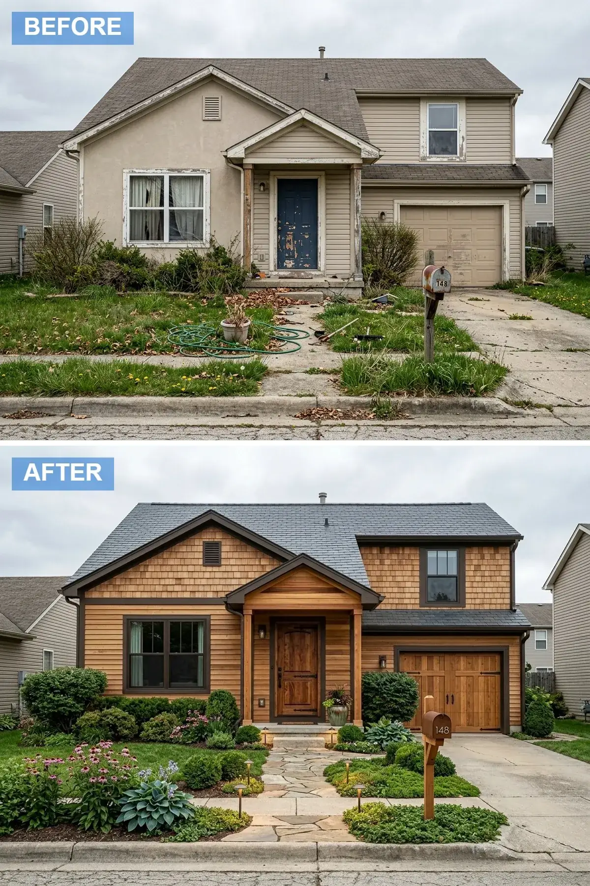 Builder home reclad in cedar shake and plank siding with timber porch posts and a flagstone walkway