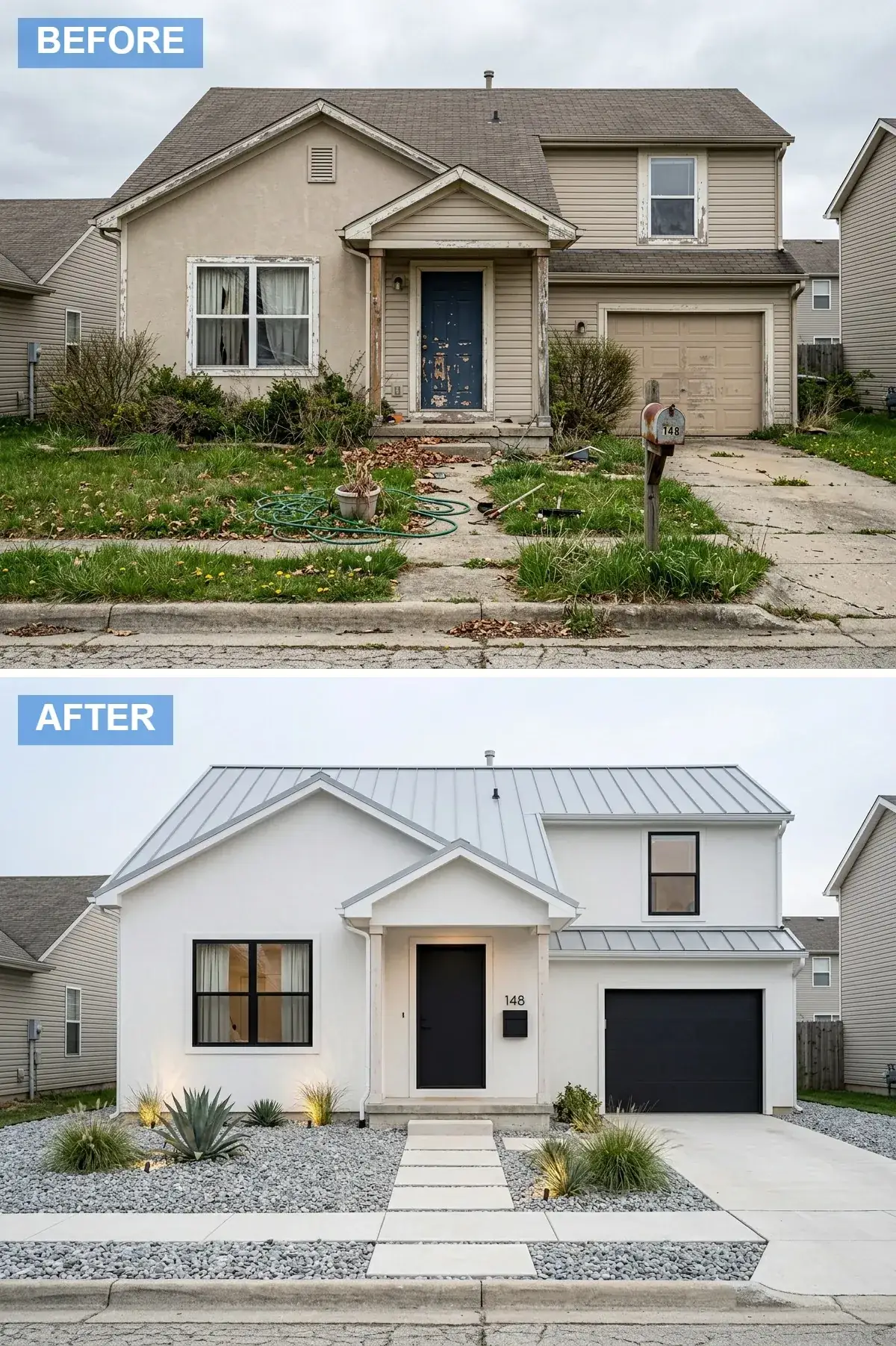 Builder home refaced in smooth white stucco with galvalume standing-seam roof and matte black accents